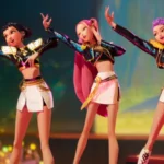Arte da animação KPop Demon Hunters destacando a parceria entre Netflix e Sony Pictures Animation.