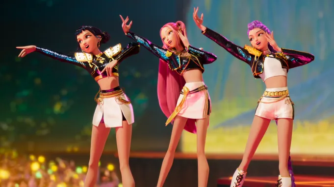 Arte da animação KPop Demon Hunters destacando a parceria entre Netflix e Sony Pictures Animation.