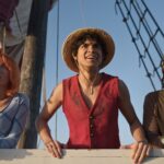 O elenco principal de One Piece reunido no convés do navio Going Merry, com destaque para Luffy.