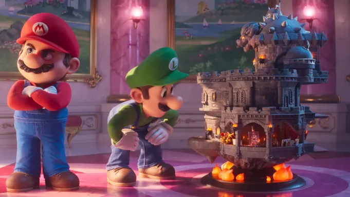 Pôster promocional do filme Super Mario Galaxy destacando o protagonista em ambiente espacial para análise de mercado.