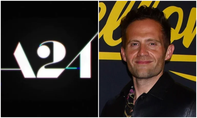 Logotipo da produtora A24 em fundo cinza.