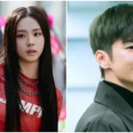Jisoo e In-guk Seo sorrindo durante entrevista sobre a série Boyfriend on Demand.