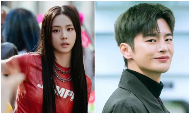 Jisoo e In-guk Seo sorrindo durante entrevista sobre a série Boyfriend on Demand.