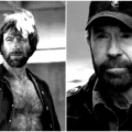 Montagem em preto e branco de Chuck Norris em dois momentos da carreira. À esquerda, o ator jovem com barba e camisa aberta; à direita, um retrato mais recente usando boné e jaqueta, mantendo sua expressão séria característica.
