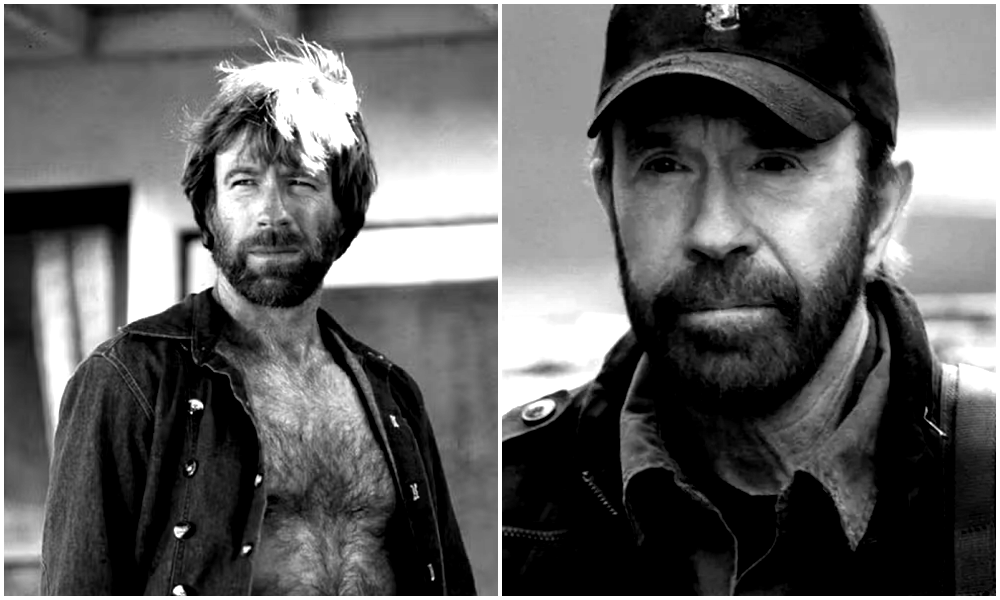 Montagem em preto e branco de Chuck Norris em dois momentos da carreira. À esquerda, o ator jovem com barba e camisa aberta; à direita, um retrato mais recente usando boné e jaqueta, mantendo sua expressão séria característica.