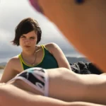 Cena do filme Big Girls Don't Cry com a protagonista Sid em uma praia da Nova Zelândia.