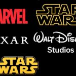 Logotipos da Walt Disney Studios, Pixar, Star Wars e Marvel em fundo preto