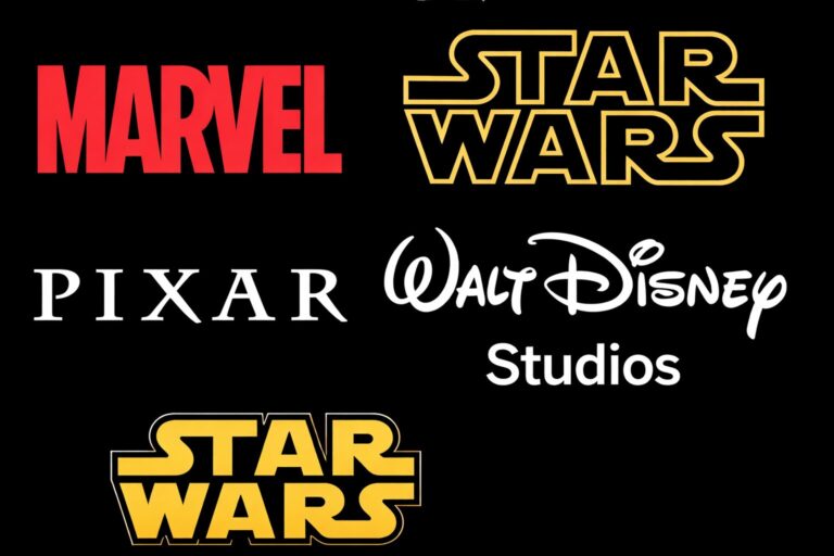 Logotipos da Walt Disney Studios, Pixar, Star Wars e Marvel em fundo preto