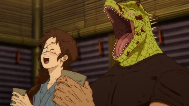 Caiman, o protagonista com cabeça de lagarto, em uma cena de ação sombria e urbana característica do anime Dorohedoro.