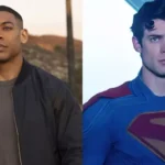 Uma montagem de fotos mostrando o ator Aaron Pierre e, ao lado, o Superman voando em uniforme.