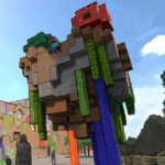 Microsoft Gaming apresenta arte conceitual do Minecraft World, área temática com montanha-russa e ambientes interativos baseados no jogo da Mojang Studios.
