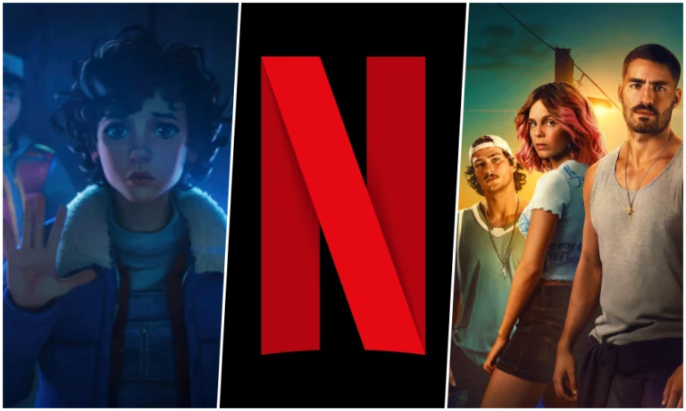 Capa da Netflix destacando Rabo de Peixe, Stranger Things e WrestleMania em abril de 2026