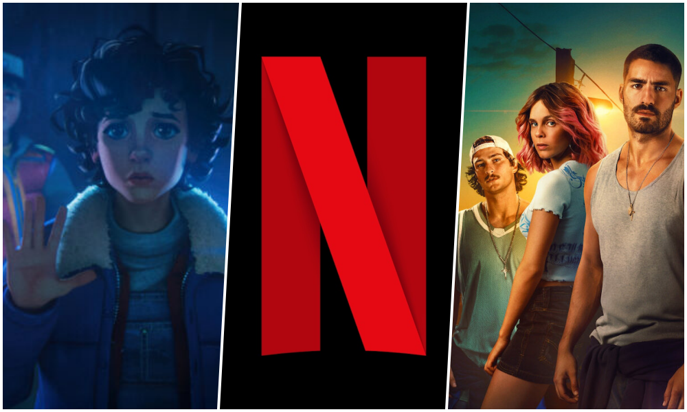 Capa da Netflix destacando Rabo de Peixe, Stranger Things e WrestleMania em abril de 2026
