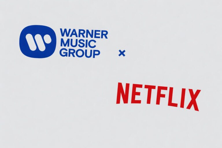 Logotipos da Netflix e Warner Music Group sobre fundo tecnológico
