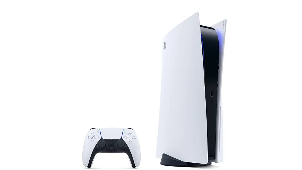 Console PS5 exibido com controle DualSense em destaque