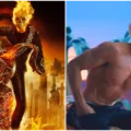Montagem comparativa dividida ao meio. À esquerda, uma arte de fã mostra Ryan Gosling como o Motoqueiro Fantasma da Marvel, com uma caveira em chamas, jaqueta de couro com espinhos e correntes incandescentes. À direita, uma foto oficial de Ryan Gosling como Ken no filme Barbie, exibindo o cabelo loiro platinado e o físico definido em um cenário ensolarado e colorido.