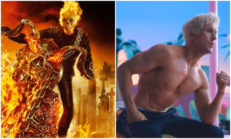 Montagem comparativa dividida ao meio. À esquerda, uma arte de fã mostra Ryan Gosling como o Motoqueiro Fantasma da Marvel, com uma caveira em chamas, jaqueta de couro com espinhos e correntes incandescentes. À direita, uma foto oficial de Ryan Gosling como Ken no filme Barbie, exibindo o cabelo loiro platinado e o físico definido em um cenário ensolarado e colorido.