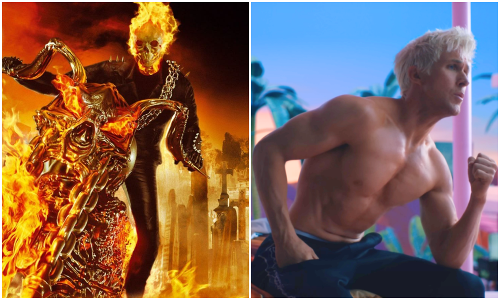 Montagem comparativa dividida ao meio. À esquerda, uma arte de fã mostra Ryan Gosling como o Motoqueiro Fantasma da Marvel, com uma caveira em chamas, jaqueta de couro com espinhos e correntes incandescentes. À direita, uma foto oficial de Ryan Gosling como Ken no filme Barbie, exibindo o cabelo loiro platinado e o físico definido em um cenário ensolarado e colorido.