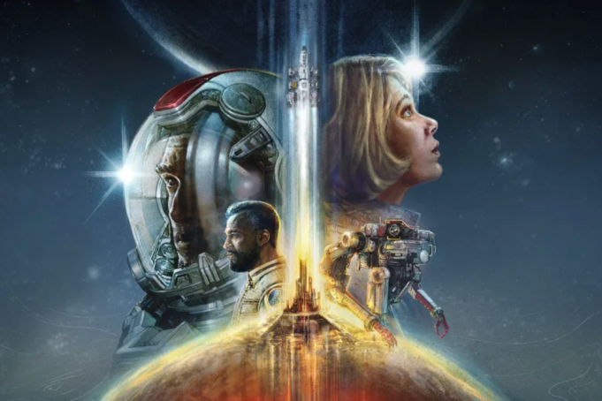 Logotipo do jogo Starfield com fundo estelar e data de lançamento para PlayStation 5.