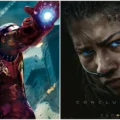 A imagem apresenta uma montagem dividida ao meio comparando dois grandes blockbusters. Do lado esquerdo, Robert Downey Jr. aparece como Homem de Ferro em uma armadura vermelha e dourada, estendendo a mão direita com o repulsor aceso em um cenário de batalha urbana. Do lado direito, um close dramático do rosto de Zendaya com olhos azuis brilhantes e marcas de areia na pele, sob os dizeres The Epic Conclusion e o título Dune Part Three com a data 12.18.