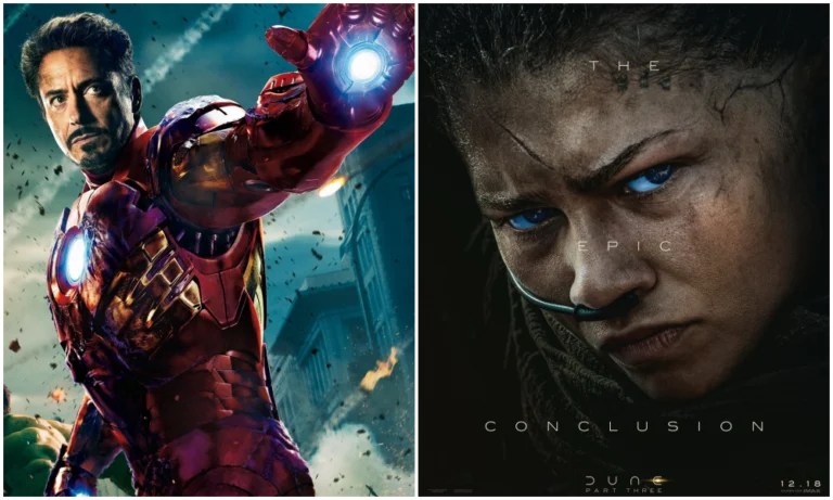 A imagem apresenta uma montagem dividida ao meio comparando dois grandes blockbusters. Do lado esquerdo, Robert Downey Jr. aparece como Homem de Ferro em uma armadura vermelha e dourada, estendendo a mão direita com o repulsor aceso em um cenário de batalha urbana. Do lado direito, um close dramático do rosto de Zendaya com olhos azuis brilhantes e marcas de areia na pele, sob os dizeres The Epic Conclusion e o título Dune Part Three com a data 12.18.