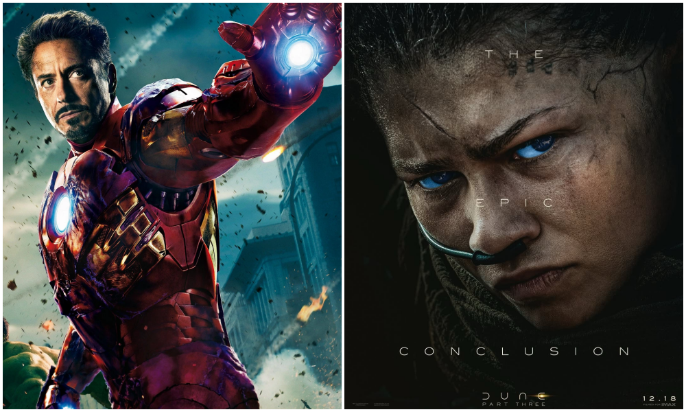 A imagem apresenta uma montagem dividida ao meio comparando dois grandes blockbusters. Do lado esquerdo, Robert Downey Jr. aparece como Homem de Ferro em uma armadura vermelha e dourada, estendendo a mão direita com o repulsor aceso em um cenário de batalha urbana. Do lado direito, um close dramático do rosto de Zendaya com olhos azuis brilhantes e marcas de areia na pele, sob os dizeres The Epic Conclusion e o título Dune Part Three com a data 12.18.