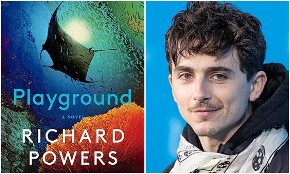 Montagem dividida ao meio apresentando, à esquerda, a capa do livro Playground de Richard Powers, com uma ilustração submarina de uma arraia e corais, e à direita, um retrato do ator Timothée Chalamet sorrindo levemente, usando um casaco preto e um lenço estampado.