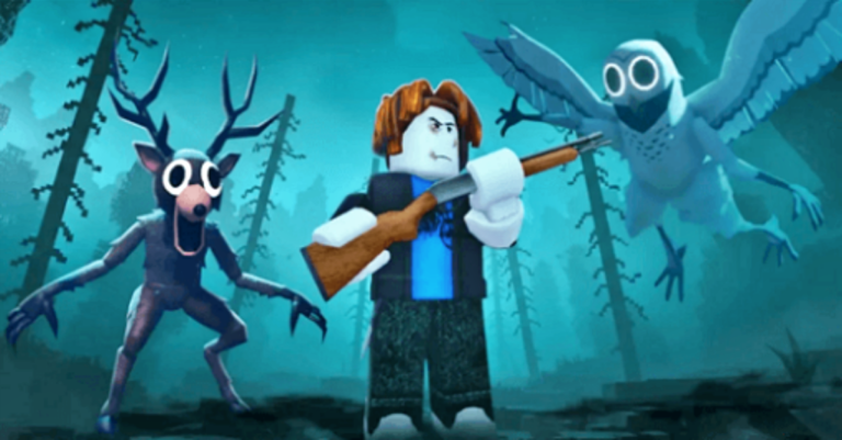 Arte promocional do jogo 99 Nights in the Forest mostrando uma floresta sombria e elementos de sobrevivência.