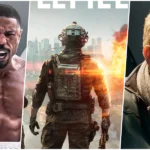 ao meio Logotipo do jogo Battlefield em ambiente de guerra urbana a esquerda jordan e a direita quarrie