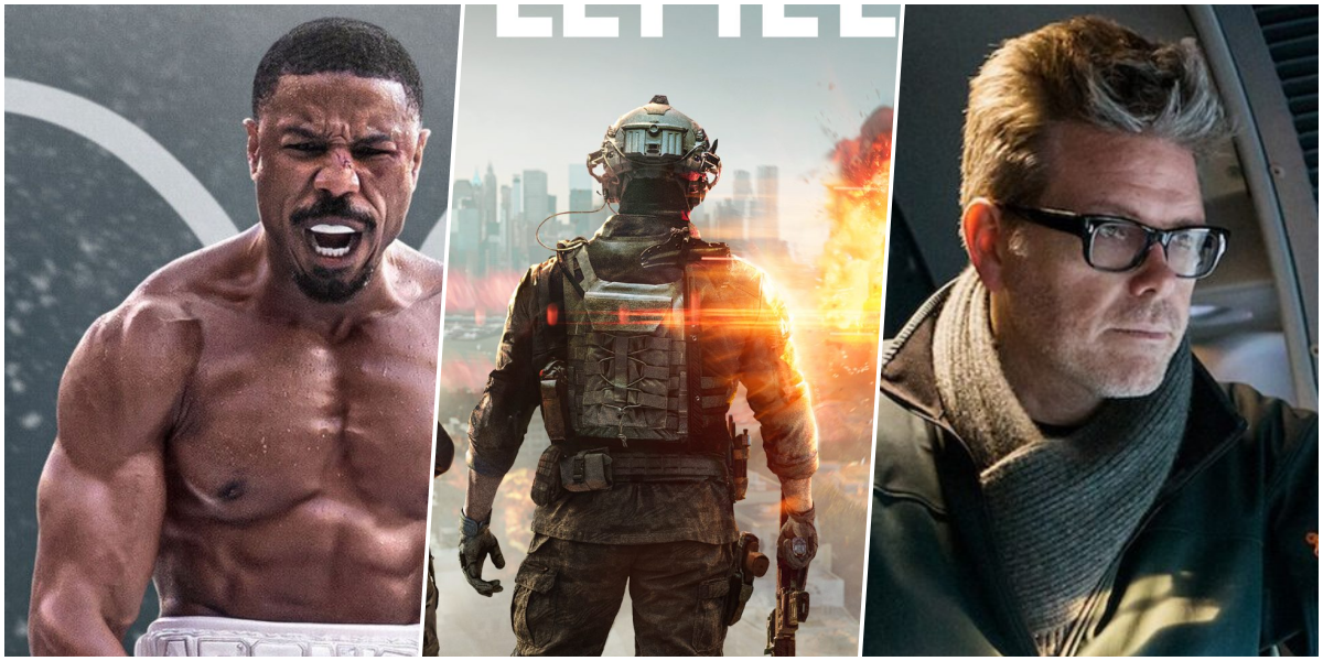 ao meio Logotipo do jogo Battlefield em ambiente de guerra urbana a esquerda jordan e a direita quarrie