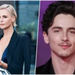 charlize theron a esquerda e a direita Timothée Chalamet
