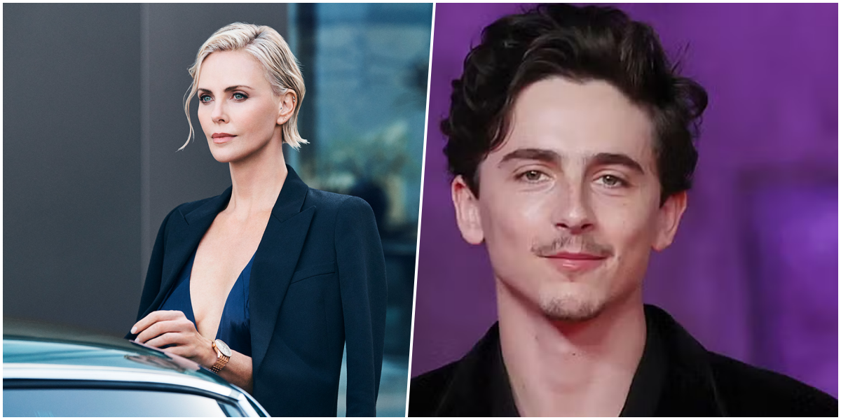 charlize theron a esquerda e a direita Timothée Chalamet