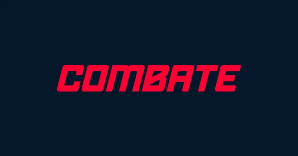 combate-transmite-oktagon-mma-ao-vivo Logotipo do canal Combate em destaque com lutadores de MMA ao fundo.