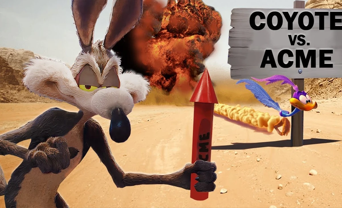Pôster oficial do filme Coyote vs. Acme apresentando Wile E. Coiote em um tribunal ao lado de seu advogado.