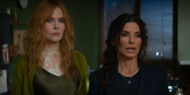 Cena do trailer de Da Magia à Sedução 2 com Sandra Bullock e Nicole Kidman em contexto sombrio