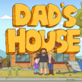 Personagens animados de Dad's House em cenário suburbano australiano com pai e filho em interação