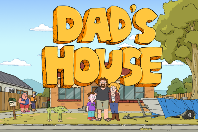 Personagens animados de Dad's House em cenário suburbano australiano com pai e filho em interação