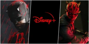 Imagem com “Demolidor: Renascido – 2ª Temporada” à esquerda, logotipo da Disney+ ao centro e “Star Wars: Maul – Lorde das Sombras” à direita, destacando estreias de maio de 2026