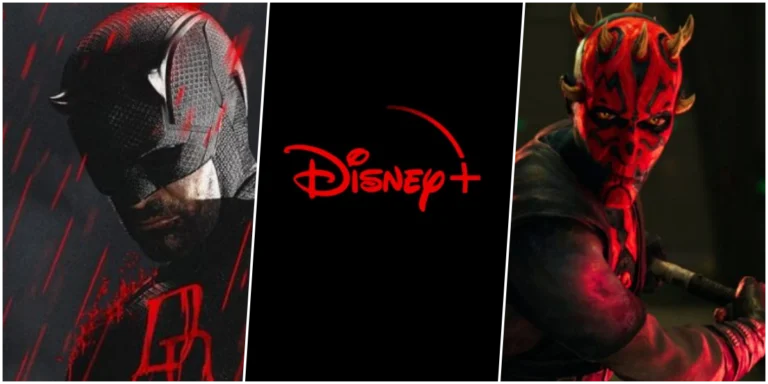 Imagem com “Demolidor: Renascido – 2ª Temporada” à esquerda, logotipo da Disney+ ao centro e “Star Wars: Maul – Lorde das Sombras” à direita, destacando estreias de maio de 2026