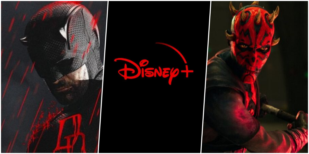 Imagem com “Demolidor: Renascido – 2ª Temporada” à esquerda, logotipo da Disney+ ao centro e “Star Wars: Maul – Lorde das Sombras” à direita, destacando estreias de maio de 2026