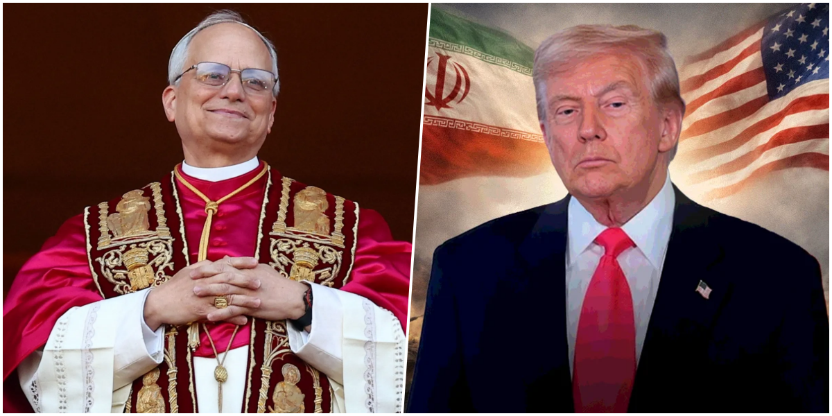 donald-trump-papa-leao-xiv-ataque Donald Trump discursando com seriedade em um palanque oficial com bandeiras dos EUA.