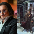 Johnny Depp caracterizado como Ebenezer Scrooge sob maquiagem pesada em cena do filme