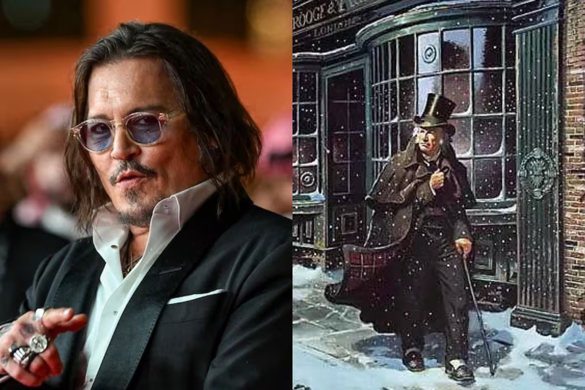 Johnny Depp caracterizado como Ebenezer Scrooge sob maquiagem pesada em cena do filme