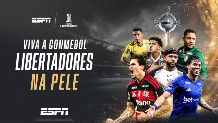 Logotipo da ESPN em destaque durante a transmissão de um jogo da Copa Libertadores.