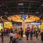 Público reunido em frente ao palco principal da gamescom latam com luzes coloridas e telões ao fundo.