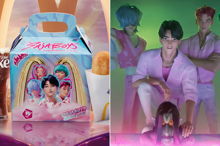 guerreiras-do-k-pop-saja-boys-mcdonalds-parceria-combos-filme Foto mostra combos do McDonald’s inspirados em Guerreiras do K-Pop com cards colecionáveis, personagens Saja Boys e itens temáticos do filme.