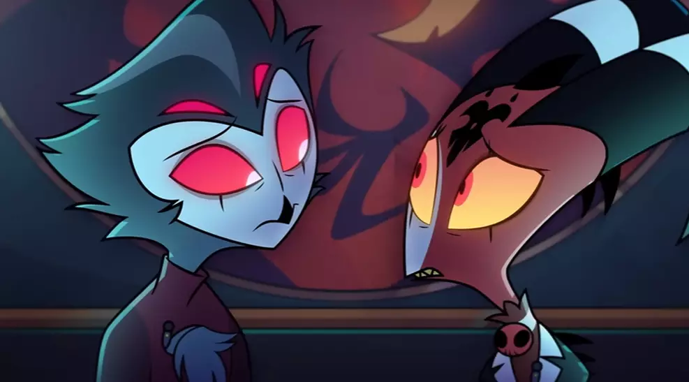 Logotipo da animação Helluva Boss sobre fundo temático