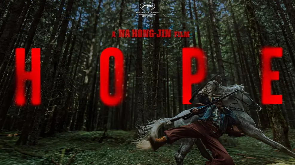 hope-filme-na-hong-jin-trailer-cannes Cena de destruição urbana com uma nave espacial sobrevoando o céu no filme Hope.