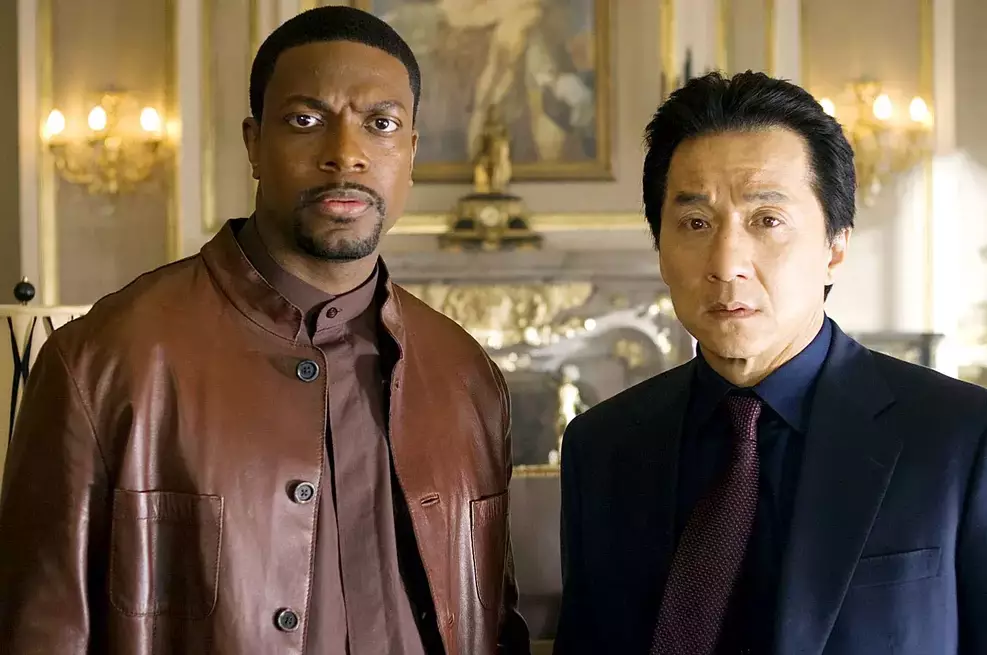 Close nos atores Jackie Chan e Chris Tucker em evento de A Hora do Rush 4