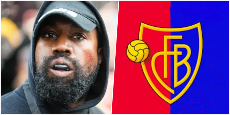 kanye west a esquerda e logo do time FC Basel.